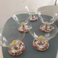 三洋陶器 龍峰窯 つみき 赤絵花鳥 ガラスデザート鉢揃 高台小鉢 輪花鉢