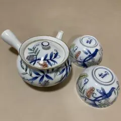 青と白の花柄急須と茶碗セット