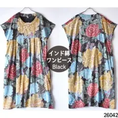 ワンピース 半袖 インド綿 花柄 チュニック 綿100 ボタニカル ブラックのサムネイル