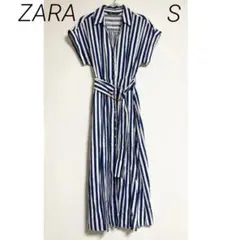 0355 ZARA ザラ 半袖 シャツ ワンピース ネイビー ストライプ S