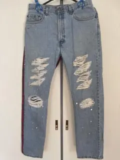 ダメージデニムパンツ チェック柄　リメイク