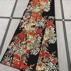 未使用】正絹 九寸名古屋帯 黒地 金糸 流水花文 花柄 仕立て上がり 