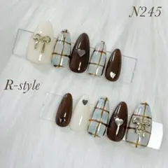 ネイルチップ ❁ アーモンド チェック ニュアンス 水色 茶 バレンタイン 冬