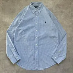 ラルフローレン チェックシャツ 古着 ポニー 刺繍 BD M 青 白 19027