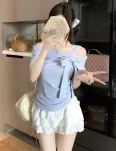 レディース オフショル リボン付きトップス