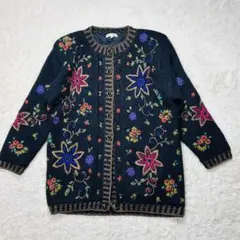 레트로 古着 花柄 刺繍 ニットカーディガン ブラック