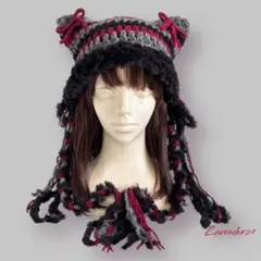 猫耳ニット帽 ☆リボンモチーフ☆ ネコ耳帽子 ワインカラー グレー 黒ファー