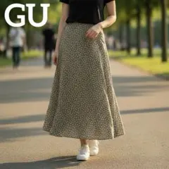 【美品✨️】GU ドット柄 ロングスカート ベージュ フレア 上品 きれいめ M