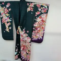 #KH01.成人正絹振袖 ダークグリーン熨斗柄に綺麗な花尽くし程度上約170cm