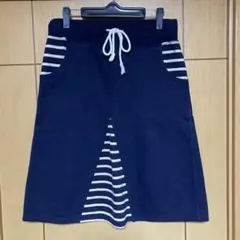 ネイビー ストライプ切り替え膝丈スカート　L〜XL