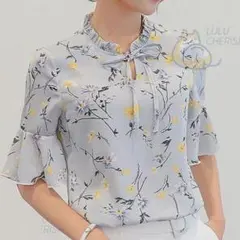 シフォンブラウス　花柄　半袖　レース　レディース　Mサイズ
