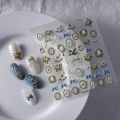 NT865 ネイルシール ぷっくり3D アンティーク うさぎ 白馬 薔薇 リボン