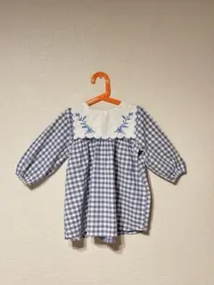 【ビッグカラー】刺繍襟 ギンガムチェック ワンピース 110相当 ブルー