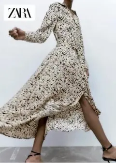 ZARA（ザラ）レーヨン素材・総柄マキシワンピースS　ベルト付き