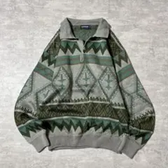 90s vintage 総柄 アクリルウール ニット ポロ レトロ古着