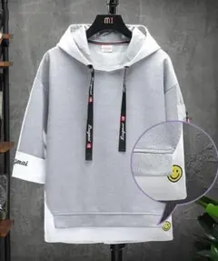 パーカー 七分袖 メンズ トップス 長袖 フード付き レイヤード グレー 2XL