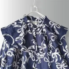 リボン柄 フリルカラー ブラウス ネイビー レトロ 古着