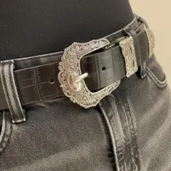 クロコダイル　メンズ　ウエスタン　ブラック　レトロ　シルバー　バックル　ベルト