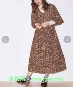 未使用　merryjenny 　flowerギャザースリーブワンピース　ブラウン