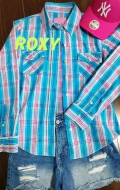 ROXY チェック柄 長袖シャツ ブルー ピンクのサムネイル