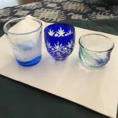 青色と透明のガラスグラス3個セット