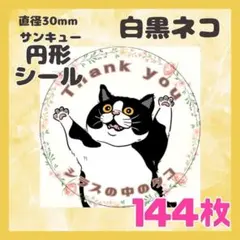 【白黒ネコ】144枚　ケアシール　ラベル　サンキュー　円形