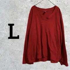 フリース プルオーバー レッド 長袖【L】無地 Ｖネック 赤 カットソー 冬