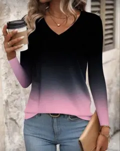 【SHEIN】 オンブレ柄 Vネック長袖カジュアルルーズTシャツ