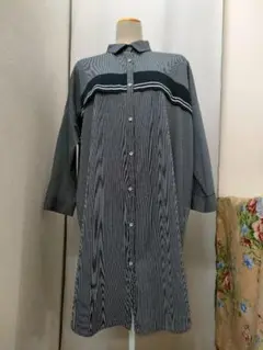 クオリー　ストライプ　ネイビー　ロング丈　シャツ