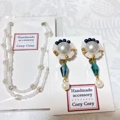 ハンドメイド ネックレス＆イヤリング　パール系　ブルー