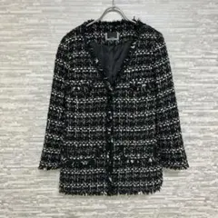 ルスーク✨ツイード ノーカラー ジャケット 38 黒白　きれいめ　カジュアル