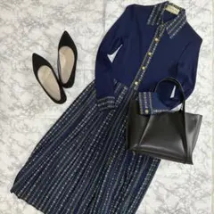 きれいめ クラシック チェーン柄 プリーツワンピース リブニット 伸縮性◎