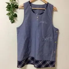 サロンジェ　猫 刺繍 エプロン ブルー チェック柄 保育士のサムネイル
