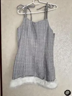 チェック柄ファー付きノースリーブワンピース