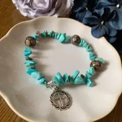 ターコイズ ファイヤーレースオパール 天然石ブレスレット242   クロス付き