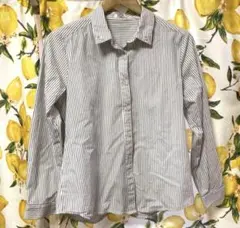 襟ストーン&パール付　長袖 ストライプ ブラウス　長袖シャツ　L