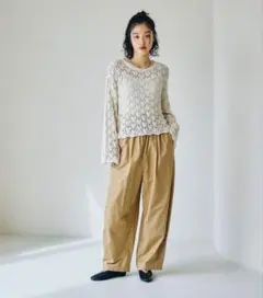 レプシイム 5ゲージ透かし長袖プルオーバー レース編み ニット アイボリー