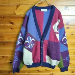【訳あり】　カーディガン　ウール　マルチカラー　カラフル　レトロ　Ⅼ　XL　古着