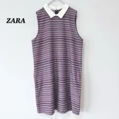 ZARAザラ　ノースリーブ　ワンピース　襟付き　ボーダー　ポケット　カジュアル