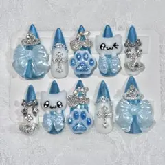 ♡現品♡ロングネイルチップ　平成女児　地雷系　ゴテゴテ　メタリック　水色　y2k