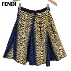 【美品】現行タグ FENDI フレアスカート ニット 38 総柄 紺×黄×白