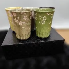 桜模様の陶器湯飲み5個セット