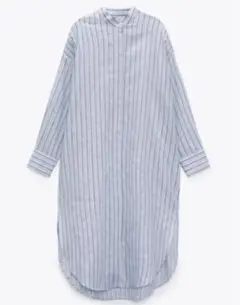 新品 ZARA XL 定価¥6,990 ロングシャツ リネン コットンブルー系