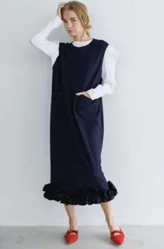 Cen. ネイビー 裾フリル ロングワンピース ノースリーブ 美品