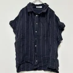 モッドレフ ストライプ 半袖 シャツ 襟付 フレンチスリーブ 黒 綿 麻
