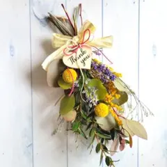 ミモザとユーカリ春スワッグ 約18㌢　ありがとう木製タグ