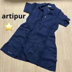 artipur　半袖　シャツ　チュニック　麻100%　リネン　ネイビー　古着