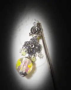 黄色花トンボ玉と銀古美パーツのかんざし、ハンドメイド