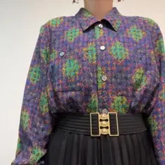 青 緑系 菱形 ひし形 サイケ アート柄 古着 秋物 長袖 柄シャツのサムネイル