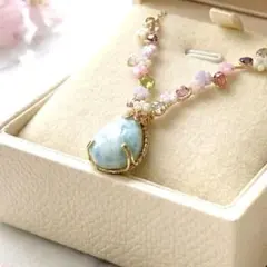 ラリマーと春の小花ネックレス 天然石 ワイヤーアート 手作り一点物